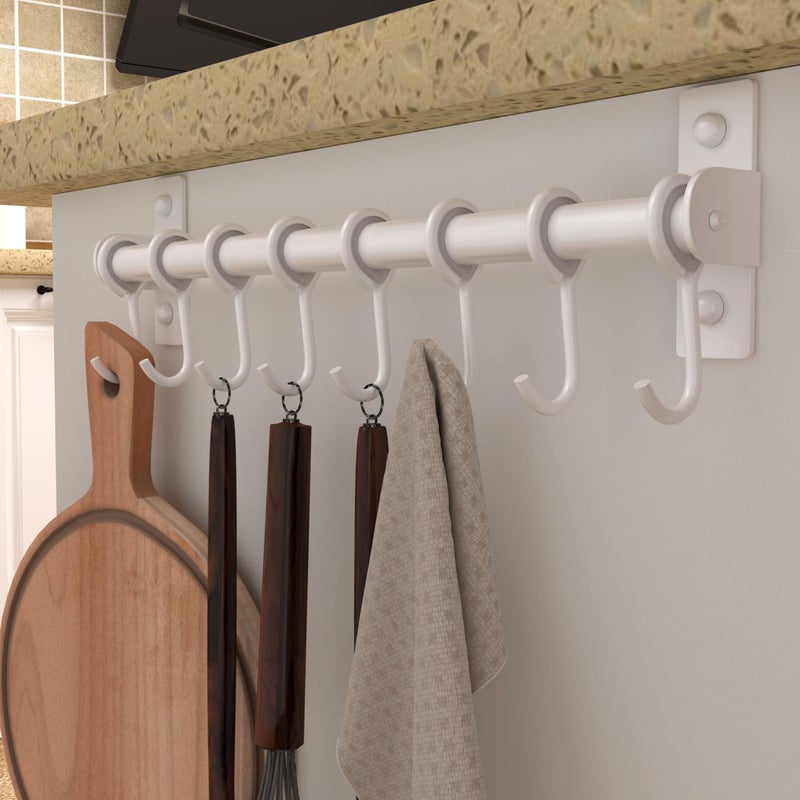 Dseap Kitchen Utensil Holder Hanger, Pot and Pan Rack Wall Mount, Kitchen Rail with 8 Hooks for Hanging Cooking Utensils, Mugs, Spoons, Wall Mounted, Stainless Steel, White - Image 3